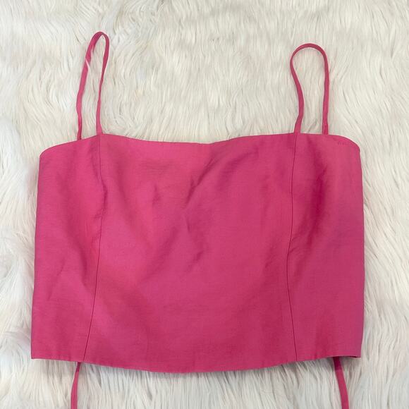 ZARA Flowy Crop Top Square Neck Spaghetti Strap Lace Up Open Back Tank Top Pink - Picture 9 of 14